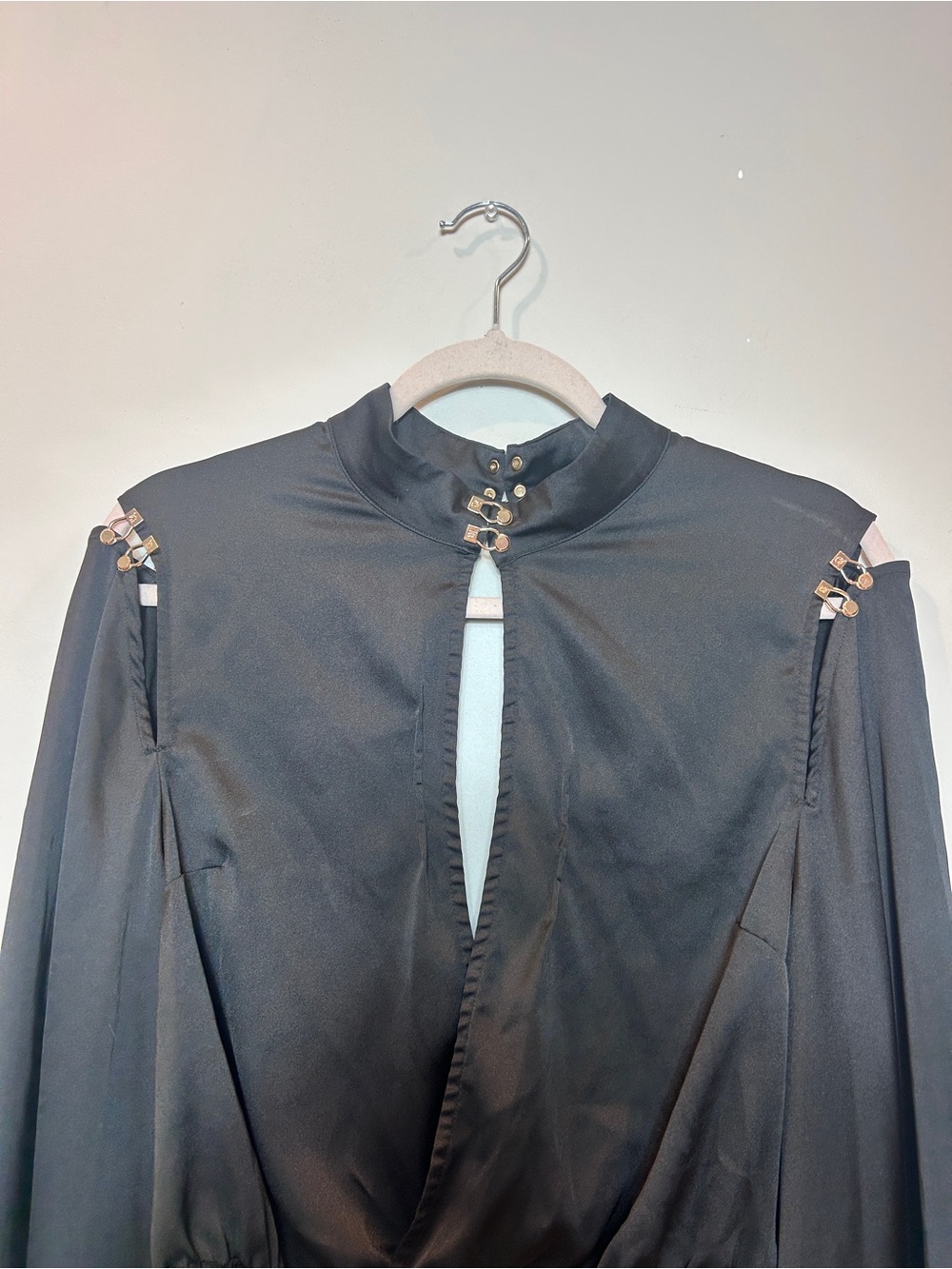 Honey Birdette Black Long-Sleeve Cropped Keyhole Top with Embellished Shoulders - Picture 3 of 8